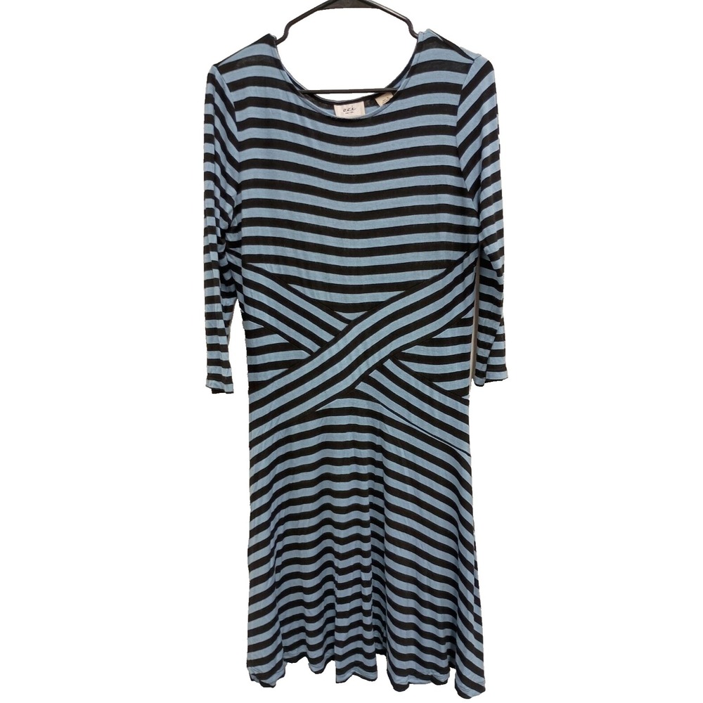 Eci New York Midi Dress Womens Large Blue Black Striped Jersey 3/4 Sleeve Casual